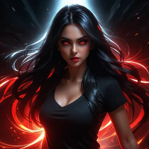 Prompt: ((best quality)), ((illustration)), ((masterpiece)), bright  colors, unreal engine, highres, fantasy, 1 girl standing in the dark in the shadows, light skin, black t shirt, long black hair, flowing hair, angry, bright glowing red eyes through the darkness, menacing, eyes like bright red light; red energy aura, red highlight, highly detailed