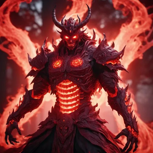 Prompt: ((best quality)), ((illustration)), ((masterpiece)), bright  colors, unreal engine, highres, fantasy, 1 dark red transparent susanoo ghost, surrounded in a dark red glowing fiery aura, red glowing eyes, huge; dark red energy aura, highly detailed