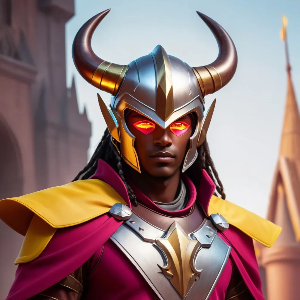 Prompt: ((best quality)), ((illustration)), ((masterpiece)), bright  colors, unreal engine, highres, fantasy, 1 boy, dark skin, pinkish red and brown clothes, glowing yellow eyes, silver helmet with yellow horns, slightly long straight hair; dusty aura, highly detailed