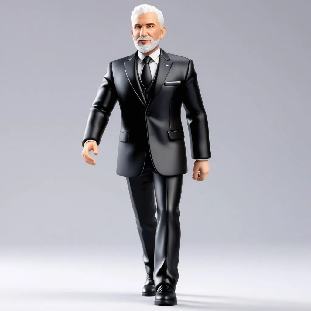 Prompt: ((best quality)), ((illustration)), ((masterpiece)), bright  colors, unreal engine, highres, fantasy, 1 toy figurine of a middle aged man, white skin, black suit, white hair, short almost bald hair, white goatee; highly detailed