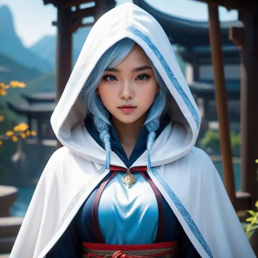 Prompt: ((best quality)), ((illustration)), ((masterpiece)), bright  colors, unreal engine, highres, fantasy, 1 serious young teenage asian girl, white cloak, light blue hair, white and dark blue hood; highly detailed