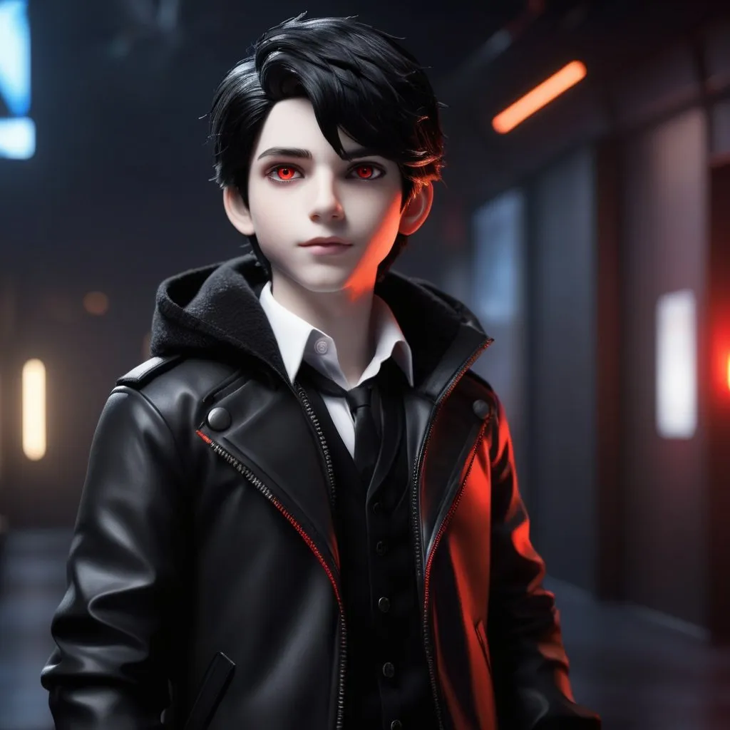 Prompt: ((best quality)), ((illustration)), ((masterpiece)), bright  colors, unreal engine, highres, fantasy, 1 teenage puppet boy, pale skin, black jacket, black hair, red glowing eyes; white aura, highly detailed