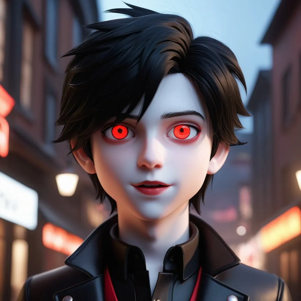 Prompt: ((best quality)), ((illustration)), ((masterpiece)), bright  colors, unreal engine, highres, fantasy, 1 teenage puppet boy, pale skin, black jacket, black hair, red glowing eyes, segmeneted mouth; white aura, highly detailed