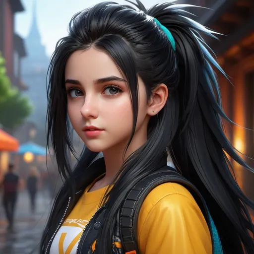 Prompt: ((best quality)), ((illustration)), ((masterpiece)), bright  colors, unreal engine, highres, 1 serious sick young preteenage girl, long black spiky hair; highly detailed