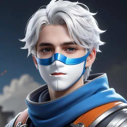 Prompt: ((best quality)), ((illustration)), ((masterpiece)), bright  colors, unreal engine, highres, fantasy, 1 boy, white skin, white hair, masked, grey and blue clothes; highly detailed