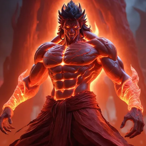 Prompt: ((best quality)), ((illustration)), ((masterpiece)), bright  colors, unreal engine, highres, fantasy, 1 red transparent no shirt susanoo ghost, surrounded in a red glowing fiery aura, orange glowing eyes, huge; red energy aura, highly detailed