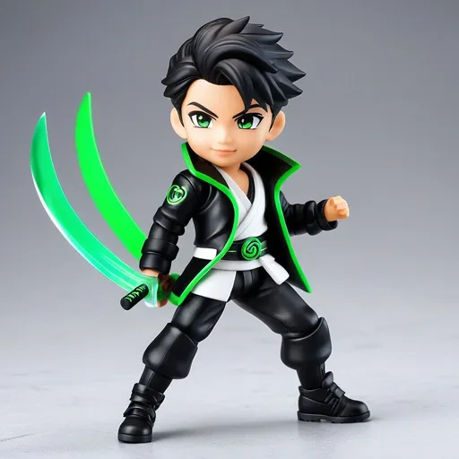 Prompt: ((best quality)), ((illustration)), ((masterpiece)), bright  colors, unreal engine, highres, fantasy, 1 toy figurine of a young boy, light skin, athletic, Black jacket, black hair; white aura, Green highlight, katana, highly detailed