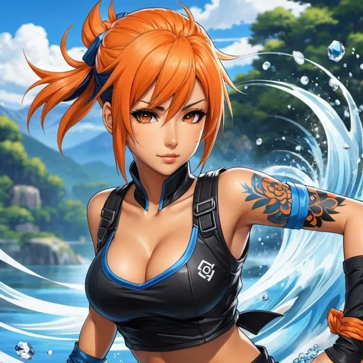 Prompt: Kishimito anime art style, 1 Shinobi ninja girl, tan skin, Black and blue vest, orange clipped hair; diamond tattoos, controlling water energy, highly detailed anime art 