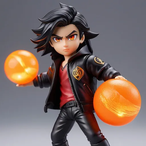 Prompt: ((best quality)), ((illustration)), ((masterpiece)), bright  colors, unreal engine, highres, fantasy, 1 toy figurine of a boy, light skin, Black jacket, bright crimson eyes, black hair, angry, flowing hair, orange aura, highly detailed