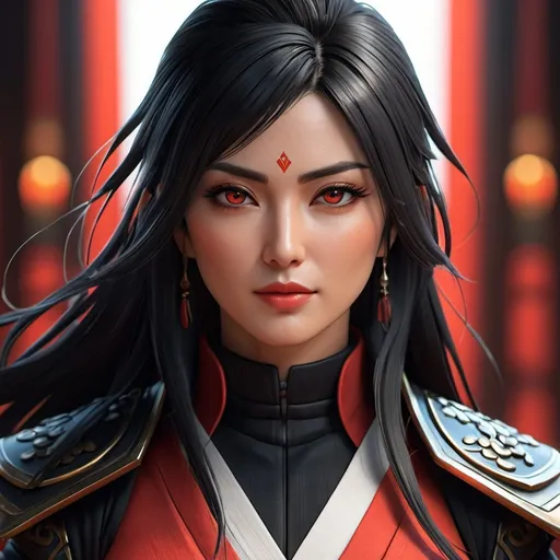 Prompt: ((best quality)), ((illustration)), ((masterpiece)), bright colors, unreal engine, highres, 1 middle aged shinobi woman, red eyes, black hair, long hair, calm, calm energy aura; highly detailed