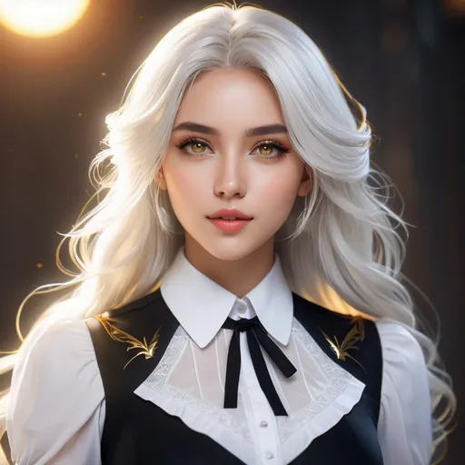 Prompt: ((best quality)), ((illustration)), ((masterpiece)), bright  colors, unreal engine, highres, fantasy, 1 celestial serious young girl, light skin, glowing golden eyes, white collar shirt, black undershirt, white hair, long wavy hair; highly detailed