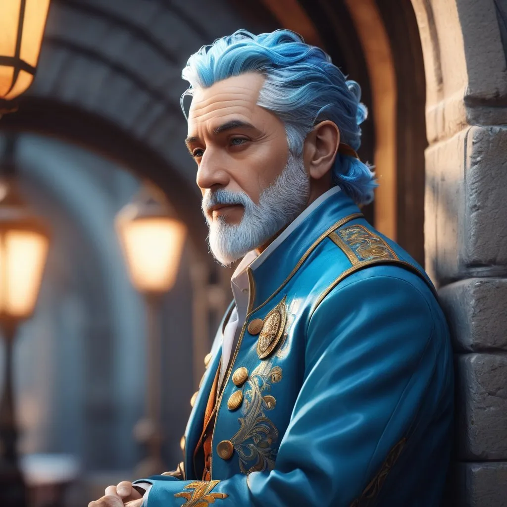 Prompt: ((best quality)), ((illustration)), ((masterpiece)), bright  colors, unreal engine, highres, fantasy, 1 old man, blue hair, light skin, scrolls on jacket; highly detailed