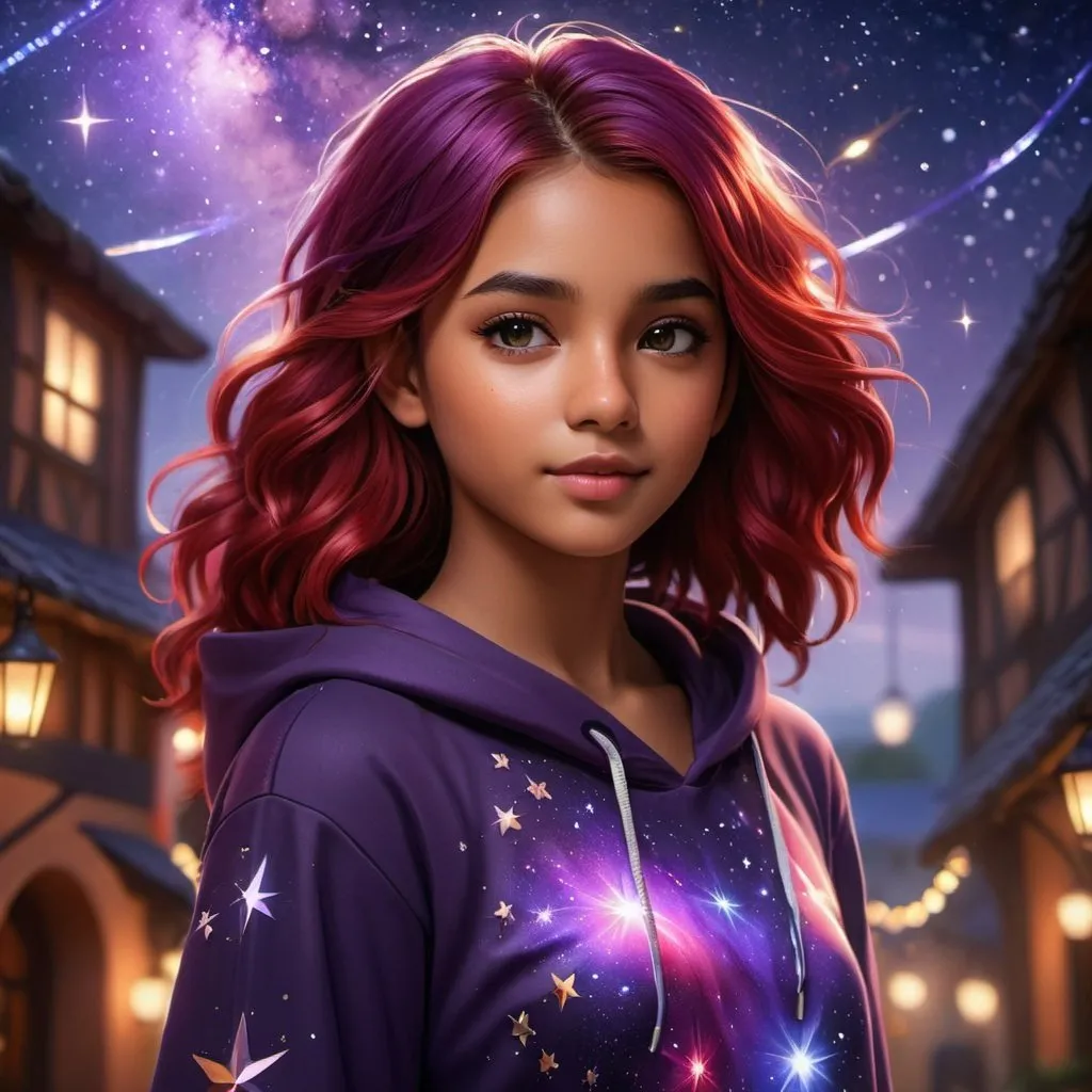 Prompt: ((best quality)), ((illustration)), ((masterpiece)), bright  colors, unreal engine, highres, fantasy, 1 young preteenage girl, deep tan skin, purple clothes covered in stars, black and red hair; highly detailed