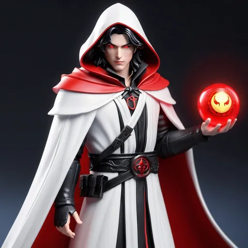 Prompt: ((best quality)), ((illustration)), ((masterpiece)), bright  colors, unreal engine, highres, fantasy, 1 toy figurine of a young man, pale skin, white cloak, robes, red glowing eyes, black hair, long hair, white and red hood; red aura, highly detailed