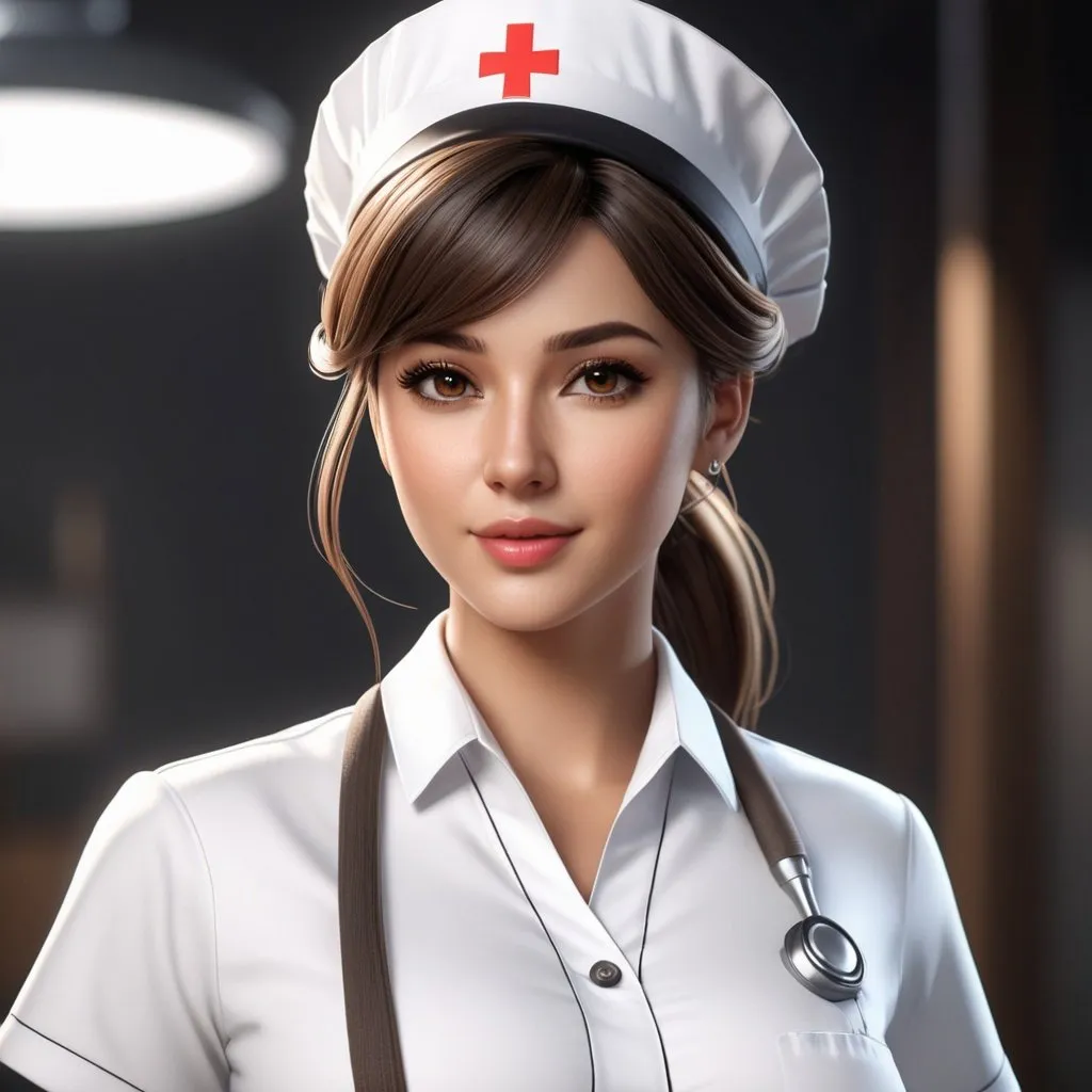 Prompt: ((best quality)), ((illustration)), ((masterpiece)), bright  colors, unreal engine, highres, fantasy, 1 lady, light skin, Black and white shirt, brown eyes, dark brown hair, white nurse hat, short ponytail hair; highly detailed