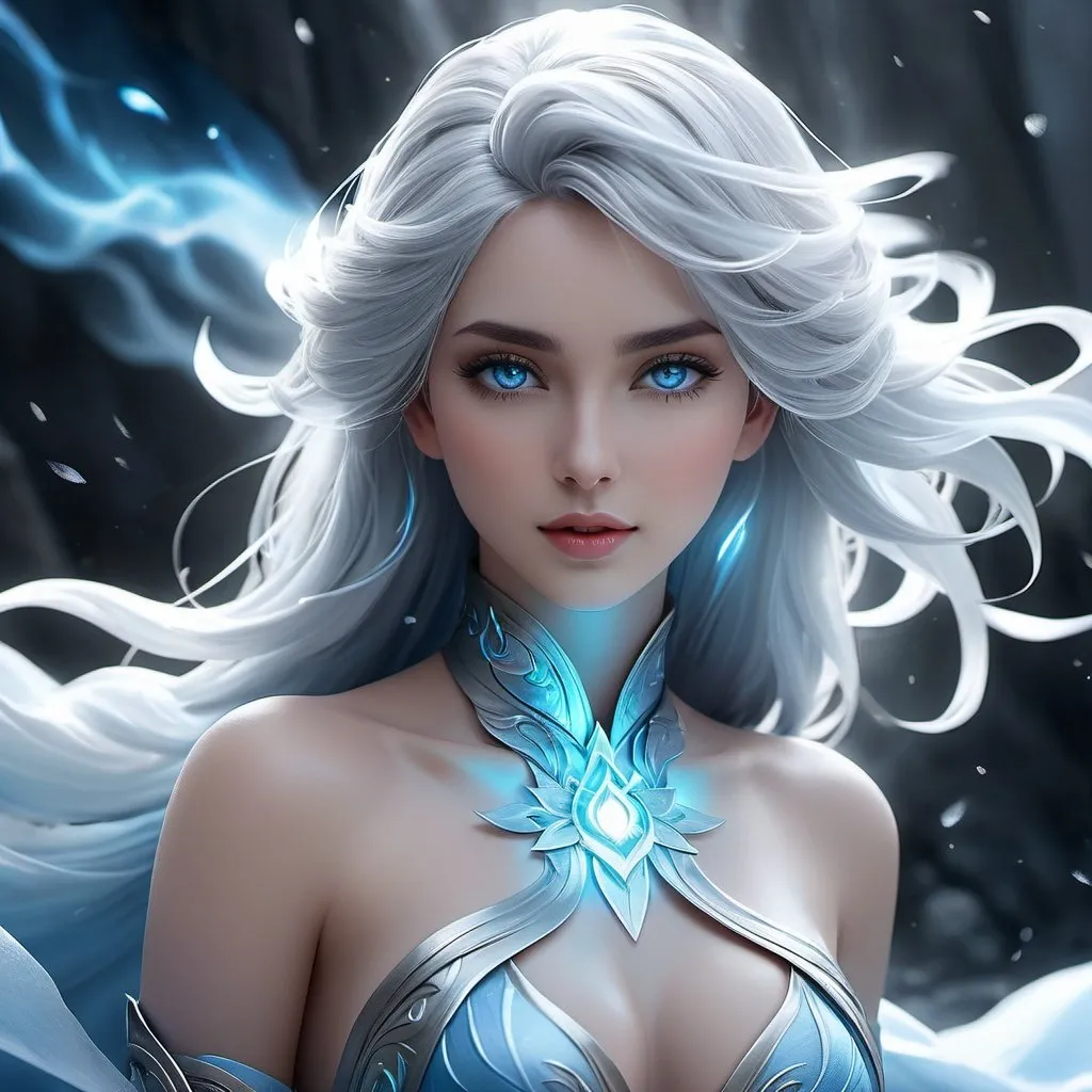 Prompt: ((best quality)), ((illustration)), ((masterpiece)), bright  colors, unreal engine, highres, fantasy, 1 elemental wind lady, pale blue skin, consisting of gray stormy wind, blue glowing eyes; misty form , misty aura, highly detailed