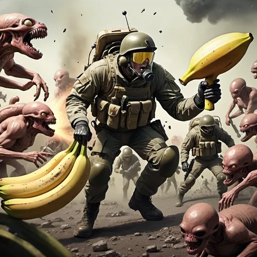 Prompt: A soldier fighting a horrifying alien horde with a banana bazooka