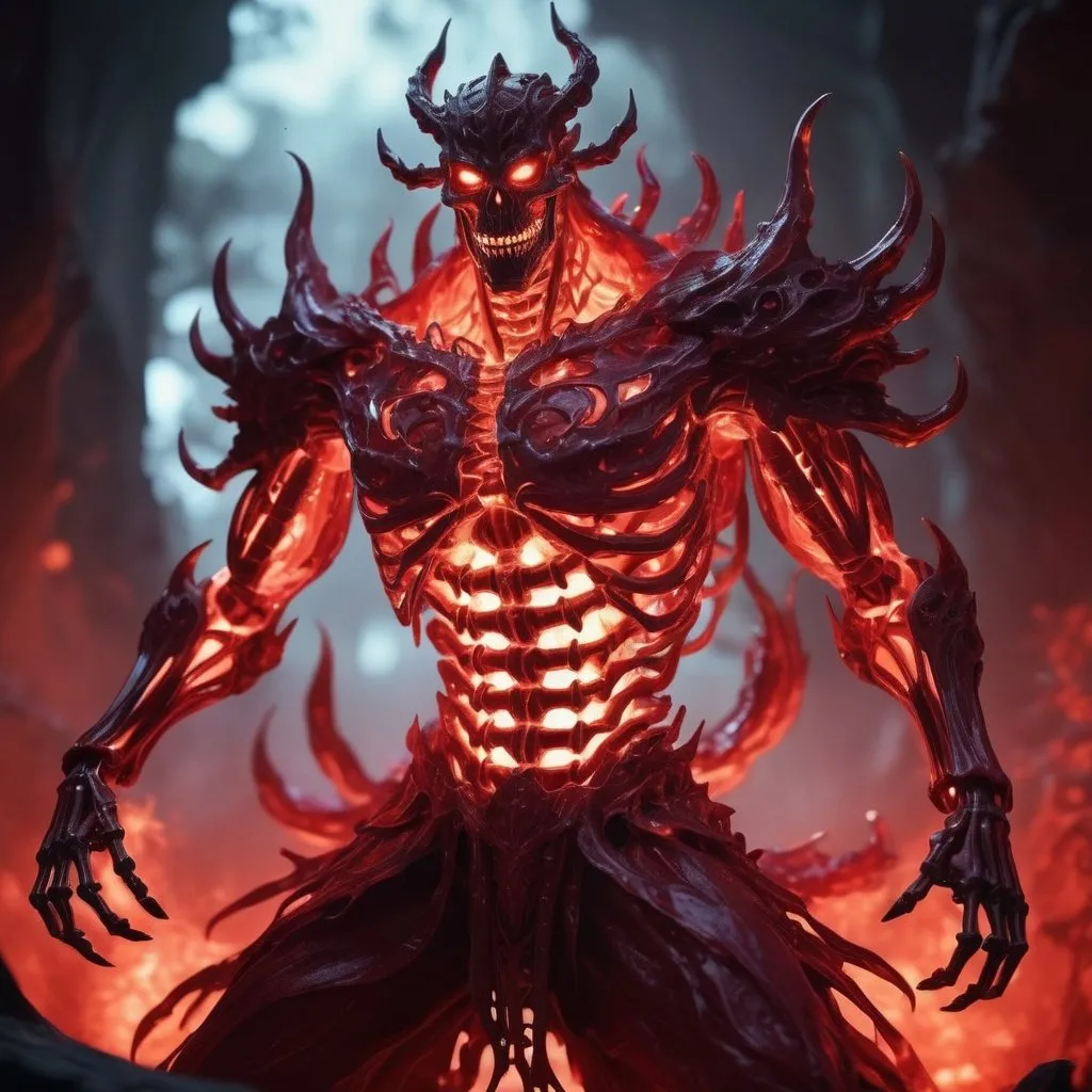 Prompt: ((best quality)), ((illustration)), ((masterpiece)), bright  colors, unreal engine, highres, fantasy, 1 dark red transparent skeletal susanoo ghost, surrounded in a dark red glowing fiery aura, red glowing eyes, huge; dark red energy aura, highly detailed