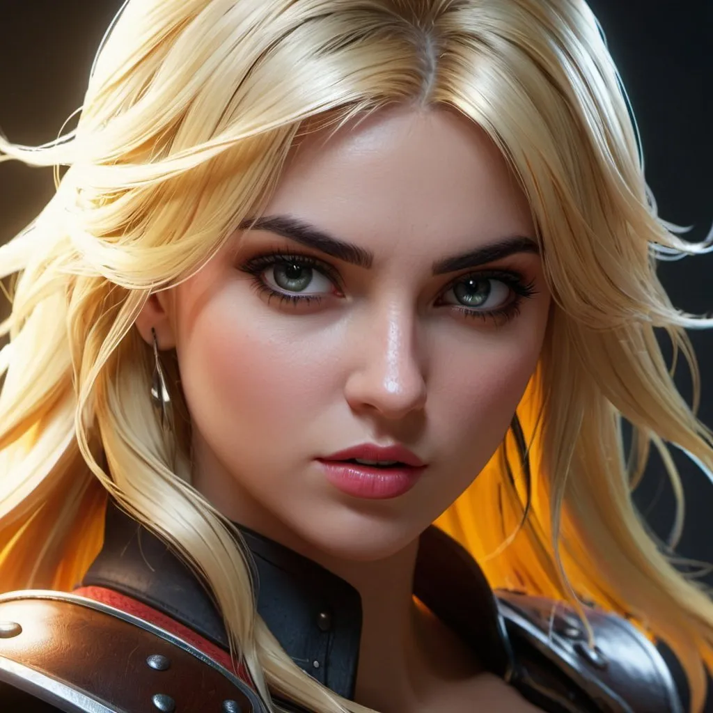 Prompt: ((best quality)), ((illustration)), ((masterpiece)), bright  colors, unreal engine, highres, fantasy, 1 blonde girl, white skin, dark eyes, angry, wild look; highly detailed