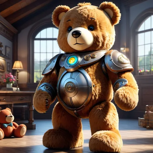 Prompt: ((best quality)), ((illustration)), ((masterpiece)), bright  colors, unreal engine, highres, fantasy, 1 giant cute mechanical teddy bear, highly detailed