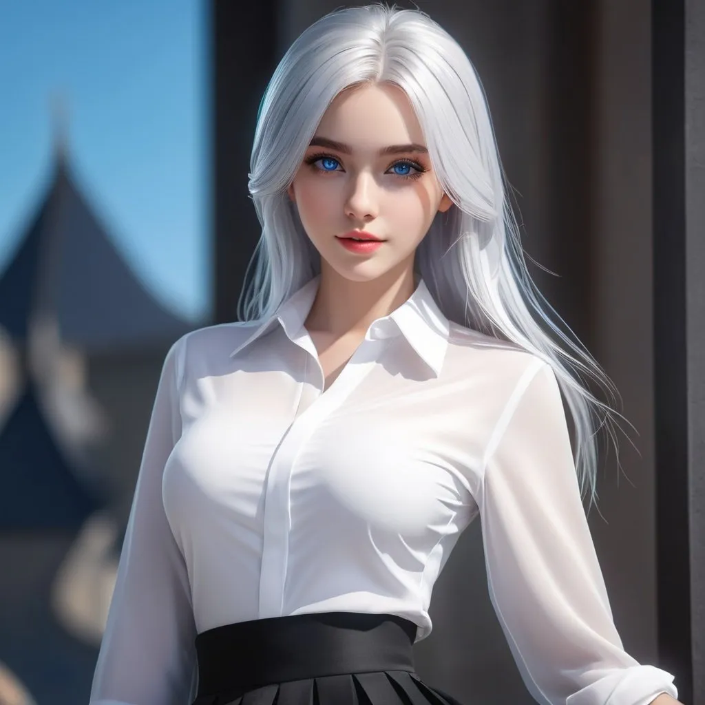 Prompt: ((best quality)), ((illustration)), ((masterpiece)), bright  colors, unreal engine, highres, fantasy, 1 young girl, white skin, rich, white shirt, black skirt, blue eyes, white hair, straight hair; white highlight, highly detailed