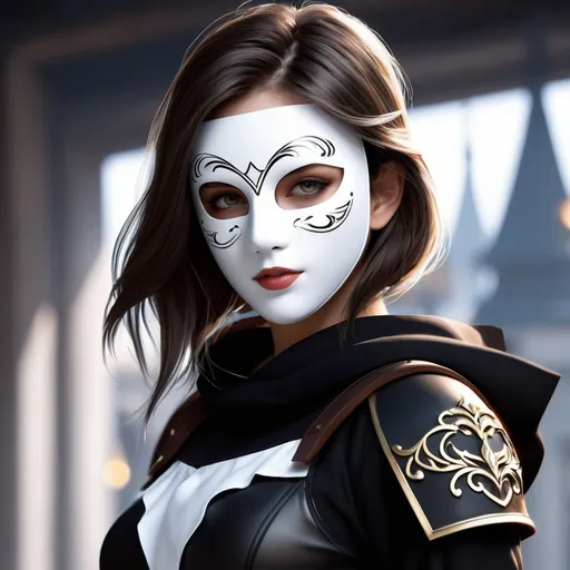 Prompt: ((best quality)), ((illustration)), ((masterpiece)), bright  colors, unreal engine, highres, fantasy, 1 teenage girl, white skin, dark brown hair, masked, black and grey clothes; highly detailed