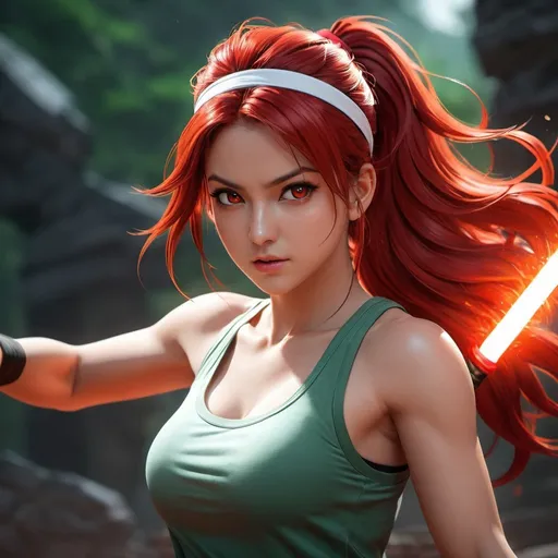 Prompt: ((best quality)), ((illustration)), ((masterpiece)), bright  colors, unreal engine, highres, fantasy, 1 young girl, red aura of energy, white skin, greyish green tanktop, athletic, red glowing eyes, red hair, long hair, headband, martial artist, angry; highly detailed
