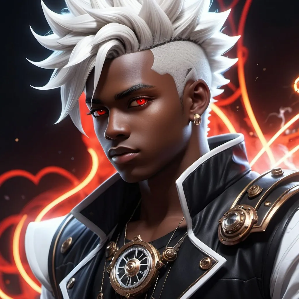 Prompt: ((best quality)), ((illustration)), ((masterpiece)), bright colors, unreal engine, highres, fantasy, young teenage boy, dark skin, African, red pupils, white Retro Steampunk Gothic majin clothing, white and black hair, white glowing tattoo, white electricity aura, battle ready, highly detailed