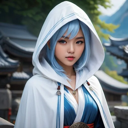 Prompt: ((best quality)), ((illustration)), ((masterpiece)), bright  colors, unreal engine, highres, fantasy, 1 serious young teenage asian girl, white cloak, light blue hair, white and dark blue hood; highly detailed