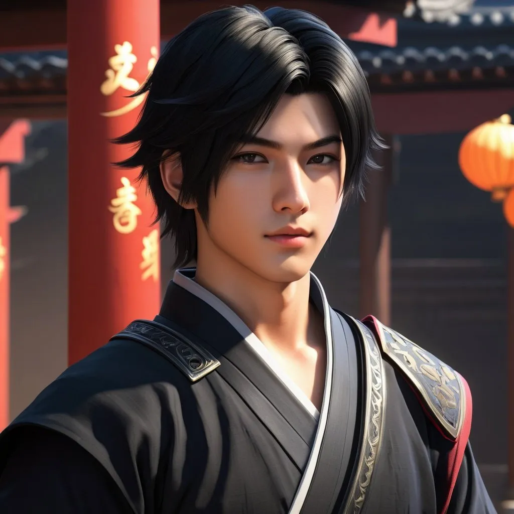 Prompt: ((best quality)), ((illustration)), ((masterpiece)), bright colors, unreal engine, highres, fantasy, 1 teenage boy, black hair, black shirt, handsome; shinobi, highly detailed