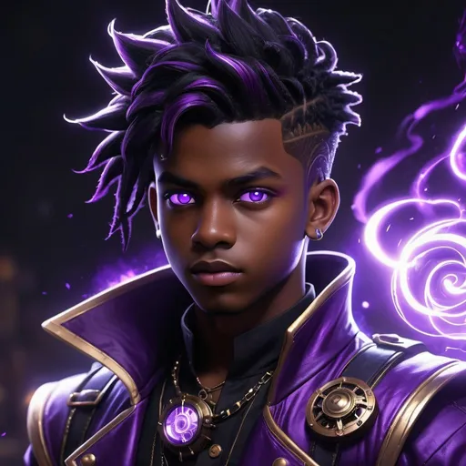 Prompt: ((best quality)), ((illustration)), ((masterpiece)), bright colors, unreal engine, highres, fantasy, young teenage boy, dark skin, African, purple pupils, black and purple Retro Steampunk Gothic majin clothing, purple and black hair, purple glowing tattoo, purple electricity aura, battle ready, highly detailed