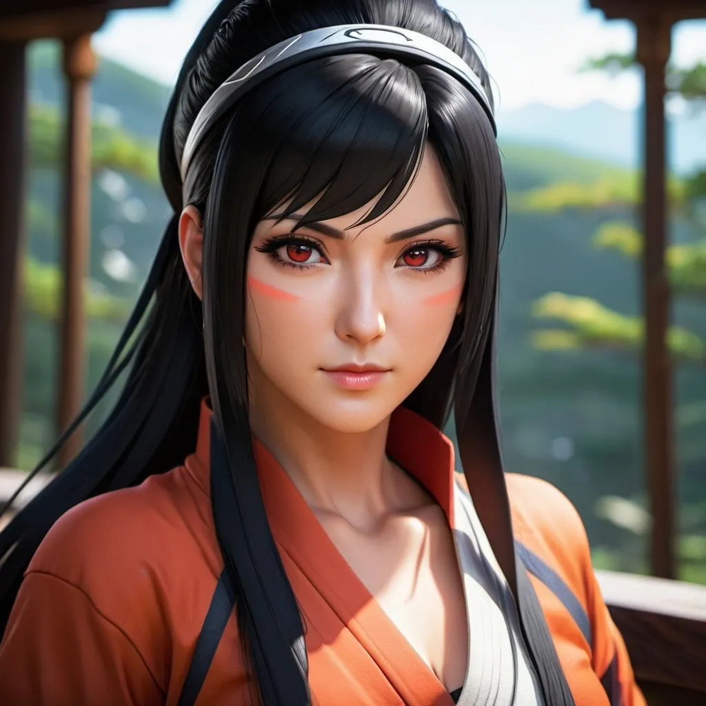 Prompt: ((best quality)), ((illustration)), ((masterpiece)), bright colors, unreal engine, highres, 1 middle aged woman, red eyes, black hair, long hair, naruto ninja headband; highly detailed