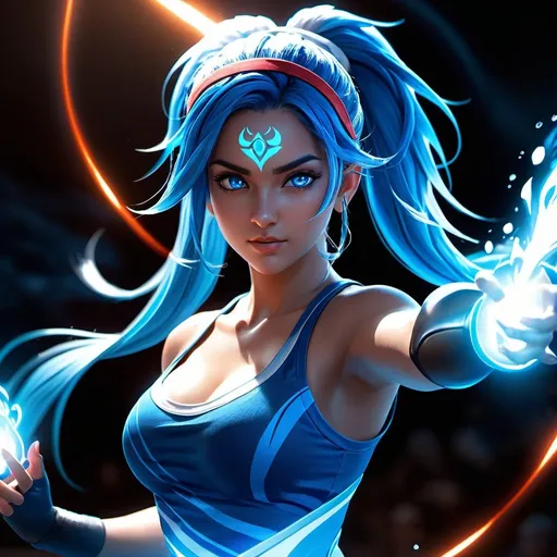 Prompt: ((best quality)), ((illustration)), ((masterpiece)), bright  colors, unreal engine, highres, fantasy, 1 young blue water genasi glowing girl with blue glowing skin, blue aura of energy, white skin, dark blue tanktop, athletic, red glowing eyes, blue hair, long hair, headband, martial artist, angry; highly detailed, glowing blue skin, glowing blue skin