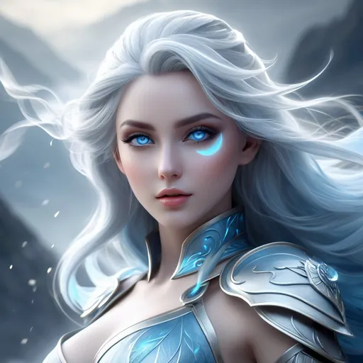 Prompt: ((best quality)), ((illustration)), ((masterpiece)), bright  colors, unreal engine, highres, fantasy, 1 elemental wind lady, pale blue skin, consisting of gray stormy wind, blue glowing eyes; misty form , misty aura, highly detailed