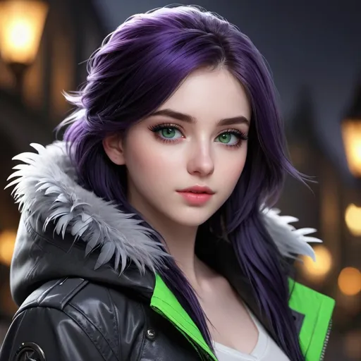Prompt: ((best quality)), ((illustration)), ((masterpiece)), bright  colors, unreal engine, highres, fantasy, 1 teenage girl, pale skin, gray and black jacket, green eyes, black lashes, dark purple hair; purple feathers, highly detailed