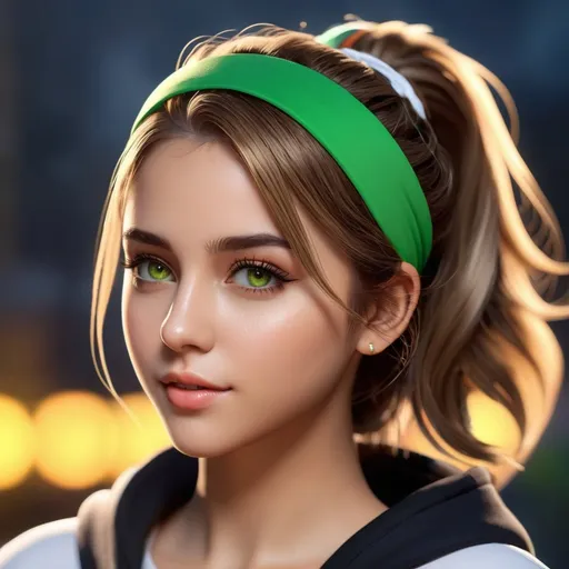 Prompt: ((best quality)), ((illustration)), ((masterpiece)), bright  colors, unreal engine, highres, fantasy, 1 young girl, light skin, brown hair, green eyes, black painting on face, casual clothes, headband, highly detailed