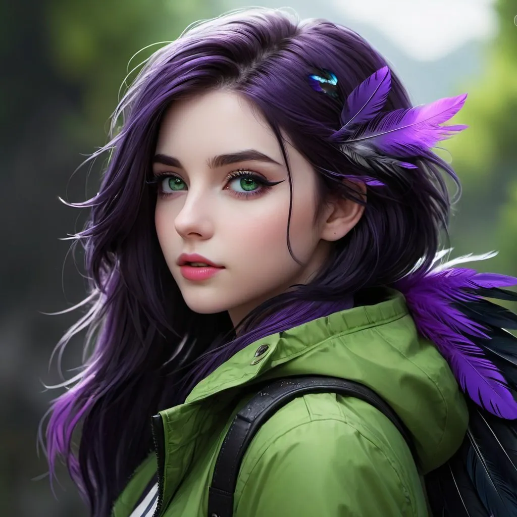 Prompt: ((best quality)), ((illustration)), ((masterpiece)), bright  colors, unreal engine, highres, fantasy, 1 teenage girl, pale skin, gray and black jacket, green eyes, black lashes, dark purple hair; purple feathers, highly detailed