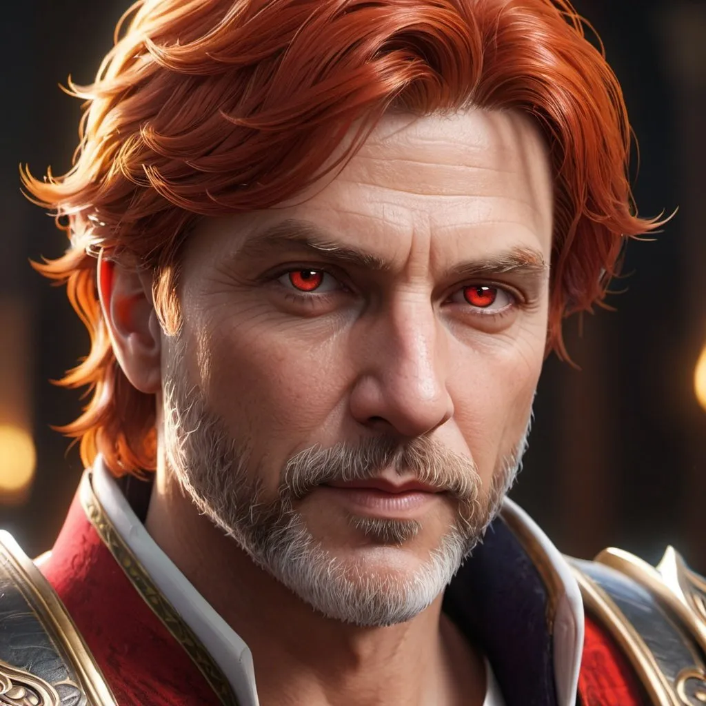 Prompt: ((best quality)), ((illustration)), ((masterpiece)), bright  colors, unreal engine, highres, fantasy, 1 middle aged man, white skin, red eyes, red hair; highly detailed