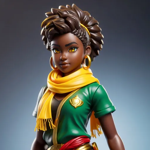 Prompt: ((best quality)), ((illustration)), ((masterpiece)), bright  colors, unreal engine, highres, fantasy,  toy figurine of a teenage girl, dark skin, African, red eyes, stylish shirt, black, messy hair with yellow streaks, muscles, golden and green scarf; golden energy aura, battle ready, golden highlights, highly detailed