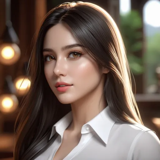 Prompt: ((best quality)), ((illustration)), ((masterpiece)), bright  colors, unreal engine, highres, fantasy, 1 lady, white skin, Black and white shirt, brown eyes, long straight hair; highly detailed