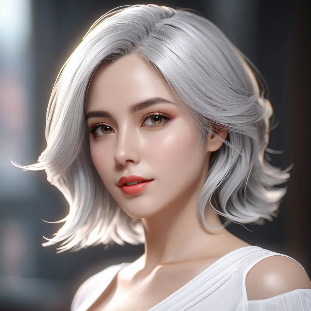 Prompt: ((best quality)), ((illustration)), ((masterpiece)), bright colors, unreal engine, highres, fantasy, 1 lady, white skin, gray hair, shoulder length hair, white shirt, highly detailed.