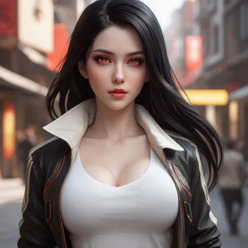 Prompt: ((best quality)), ((illustration)), ((masterpiece)), bright  colors, unreal engine, highres, fantasy, 1 lady, pale white skin, black and beige jacket, white t shirt, black hair, straight hair, glowing red eyes, very large chest; highly detailed