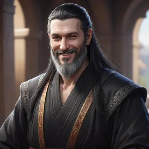 Prompt: ((best quality)), ((illustration)), ((masterpiece)), bright  colors, unreal engine, highres, fantasy, 1 middle aged man, white skin, black robes, black hair, long hair, black beard, smiling; highly detailed