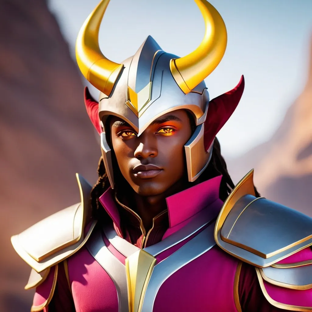 Prompt: ((best quality)), ((illustration)), ((masterpiece)), bright  colors, unreal engine, highres, fantasy, 1 boy, dark skin, pinkish red and brown clothes, glowing yellow eyes, silver helmet with yellow horns, slightly long straight hair; dusty aura, highly detailed