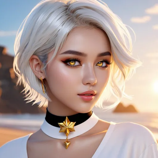 Prompt: ((best quality)), ((illustration)), ((masterpiece)), bright  colors, unreal engine, highres, fantasy, 1 celestial young girl, light skin, glowing golden eyes, white shirt, black choker, white hair, short hair; highly detailed