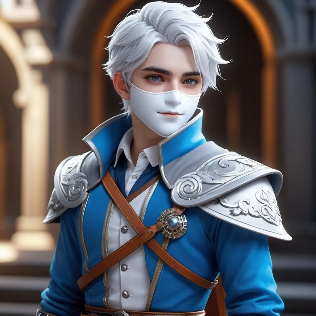 Prompt: ((best quality)), ((illustration)), ((masterpiece)), bright  colors, unreal engine, highres, fantasy, 1 boy, white skin, white hair, masked, grey and blue clothes; highly detailed