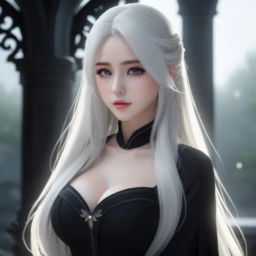 Prompt: ((best quality)), ((illustration)), ((masterpiece)), bright  colors, unreal engine, highres, fantasy, 1 lady, chalk white pale skin, Black dress, pale white hyuga eyes, white hair, straight long hair, sad; mist, darkness, highly detailed