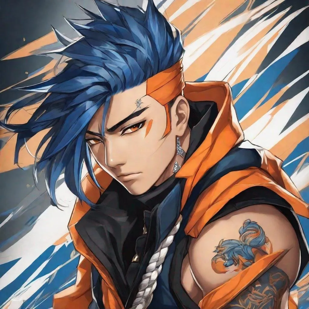 Prompt: Kishimito anime art style, 1 ninja, tan skin, Black and blue vest, orange side swept hair; diamond tattoos, controlling gusts of wind, highly detailed