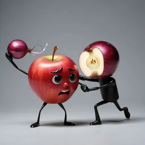 Prompt: An apple fighting with an onion
