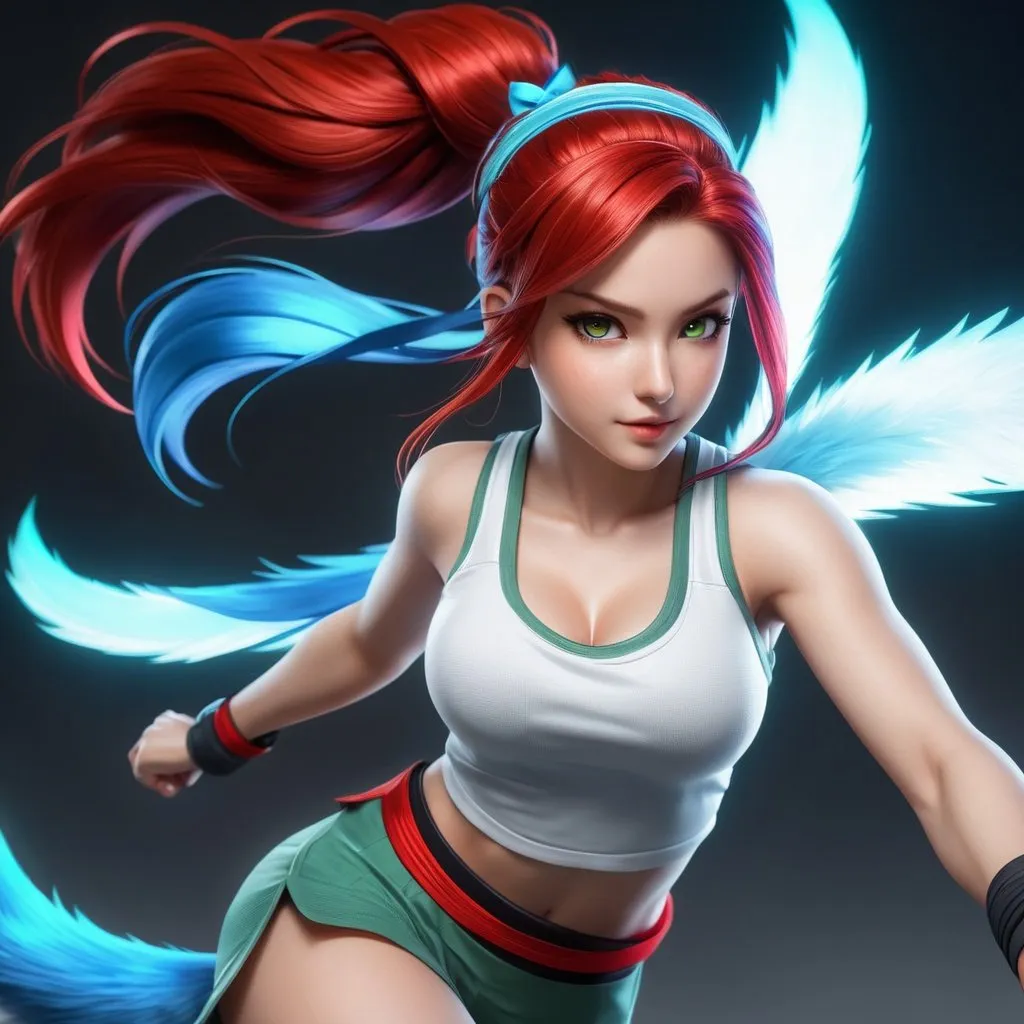 Prompt: ((best quality)), ((illustration)), ((masterpiece)), bright  colors, unreal engine, highres, fantasy, 1 young girl with two blue glowing tails, white skin, greyish green tanktop, athletic, red eyes, red hair, long hair, headband, martial artist; highly detailed